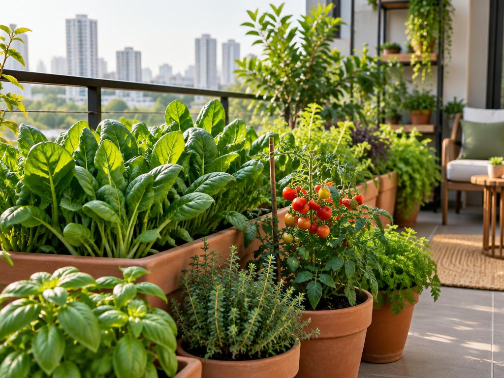 A leafy balcony garden filled with potted plants