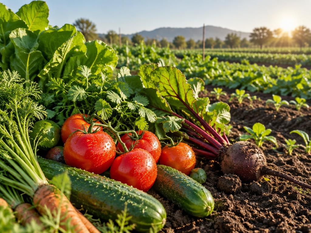 Fresh vegetables growing in rich, healthy field soil